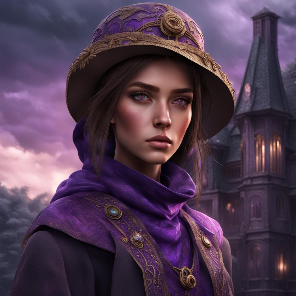 Girl with Purple Eyes in Dark Manor, Digital Painting