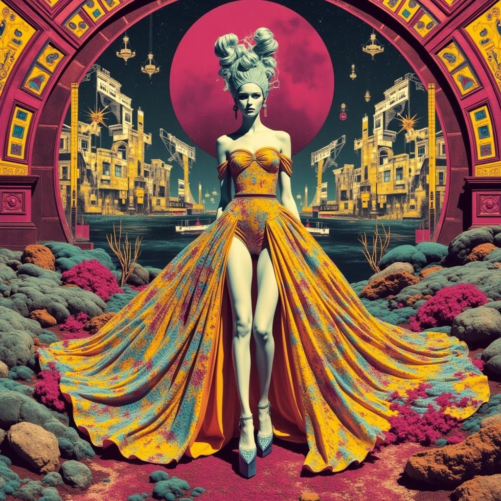Retro-Futuristic Alien Bride in Toxic Wedding Dress