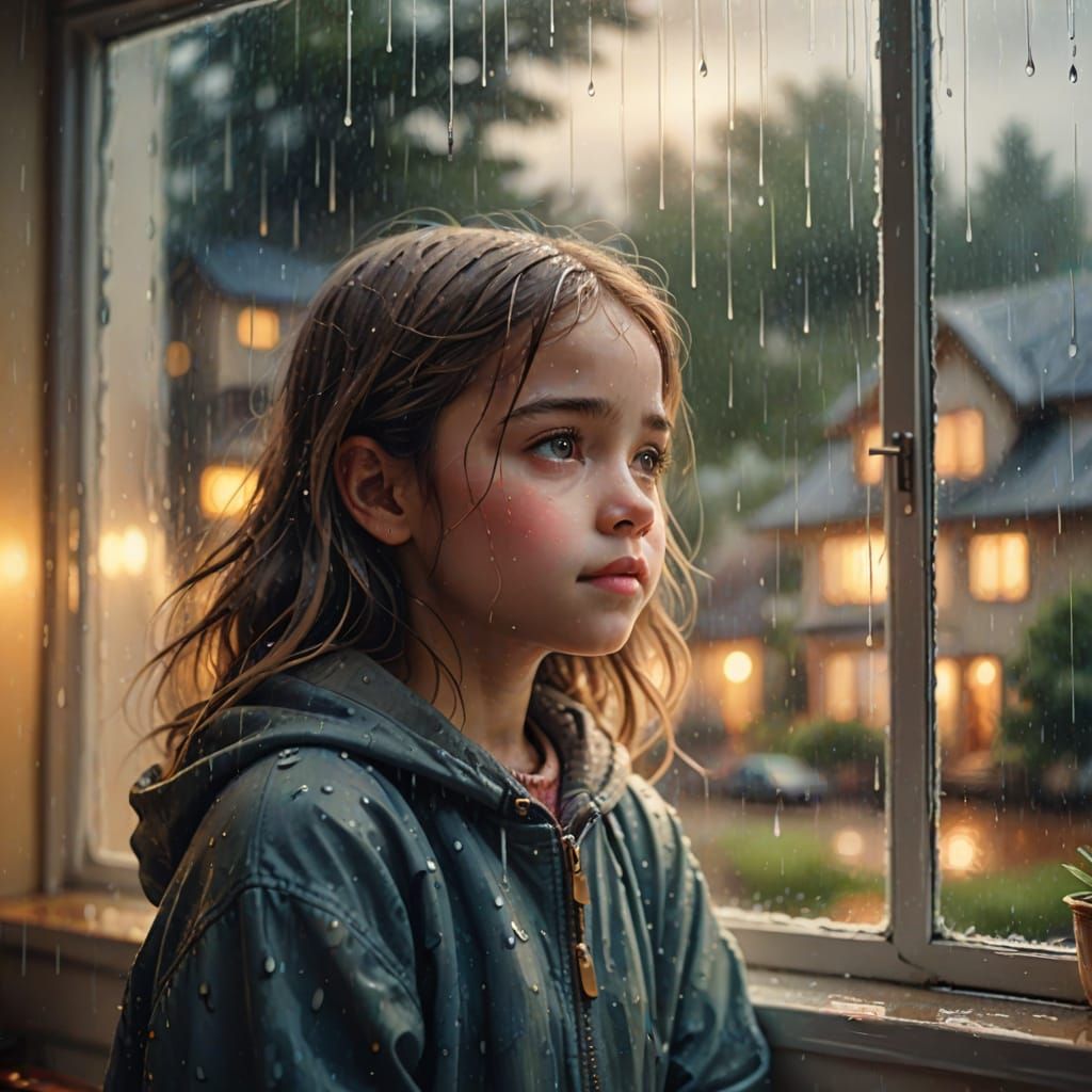Little Girl Watching Rain in Watercolor Style