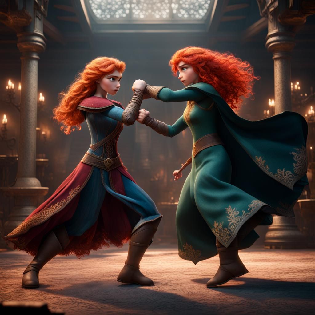 Elsa and Merida Boxing in Detailed Matte Painting