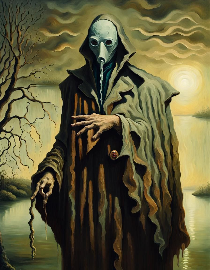 Supernatural Creature Beside River in Surreal Oil Painting