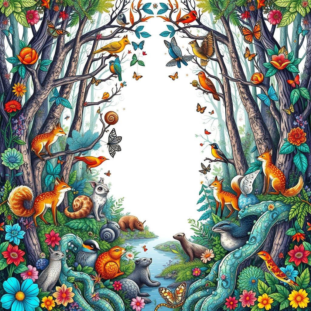 Enchanting Forest Scene with Delicate Mandalas and Geometric...
