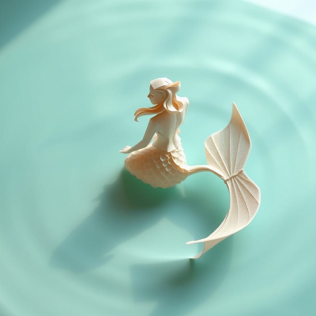Delicate Origami Mermaid in Serene Water