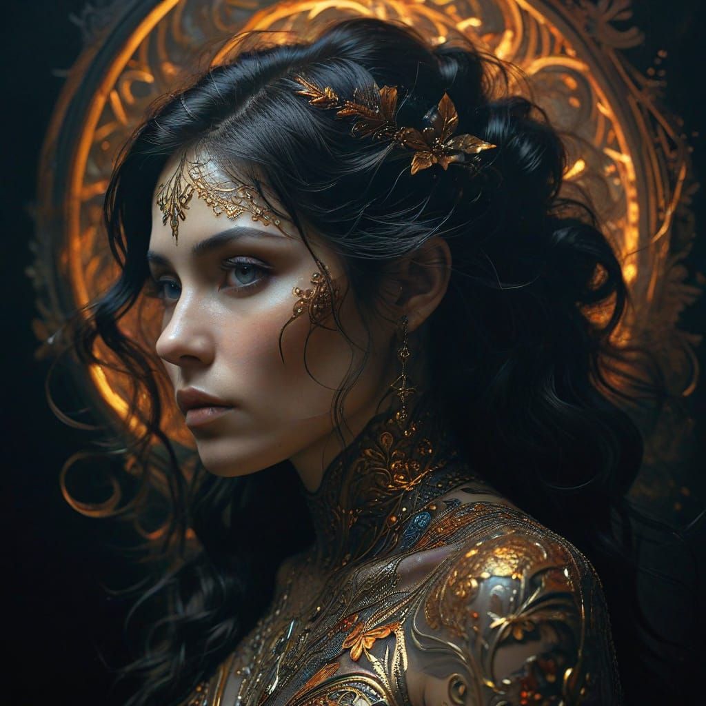 Surreal Enigma with Dark Luxuriant Hair and Piercing Gaze in...