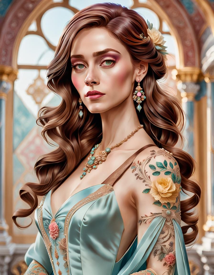 Rococo Woman with Tattoos in Pastel Colors