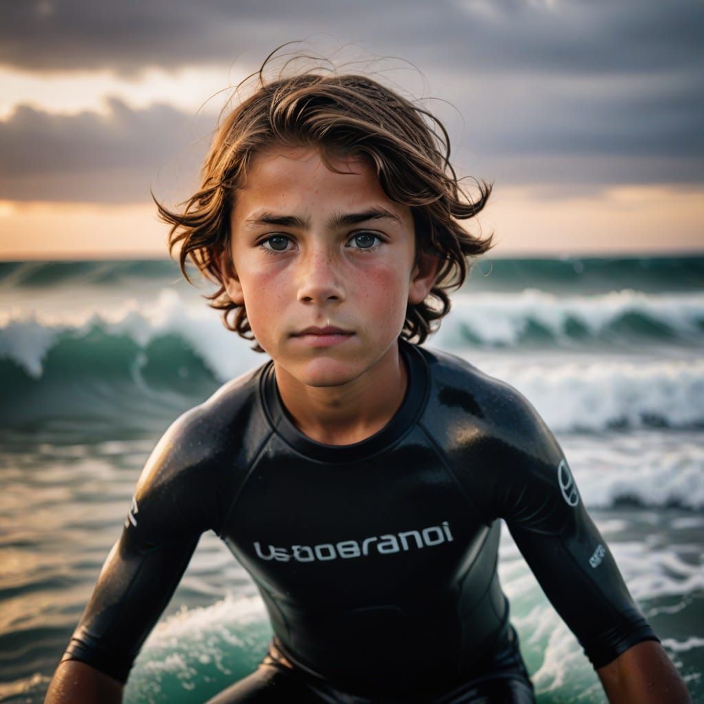 Determined Young Surfer Riding a Massive Wave