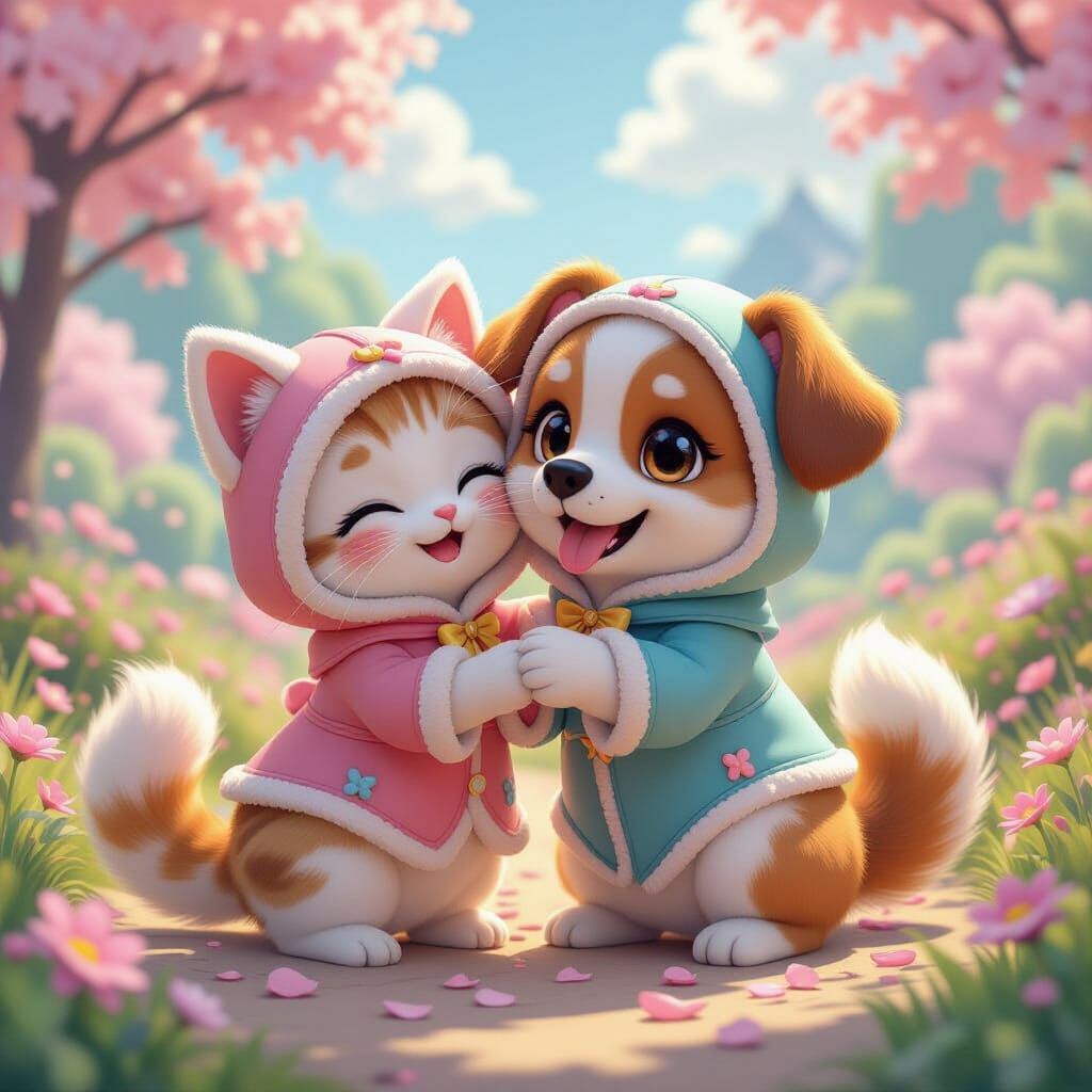 Fluffy Cat and Dog Play in Whimsical 3D Anime Art