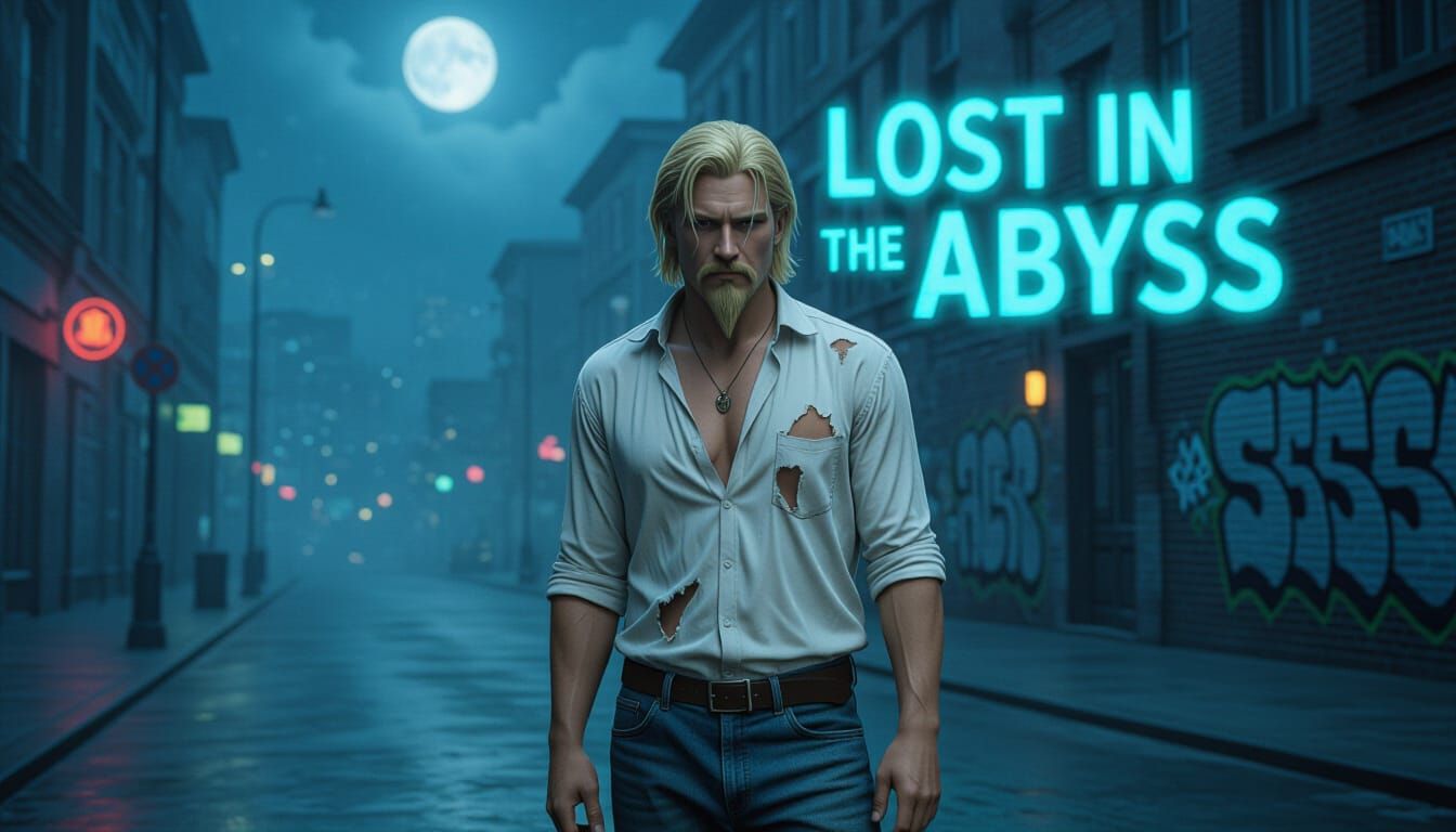 Melancholic Hobo on Misty Street in Cyberpunk Style