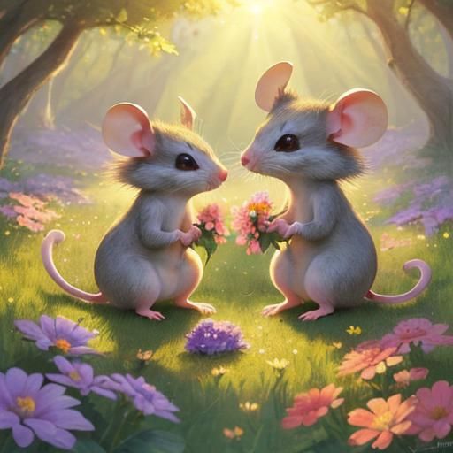 Mice Picking Flowers in Summer Sunlight