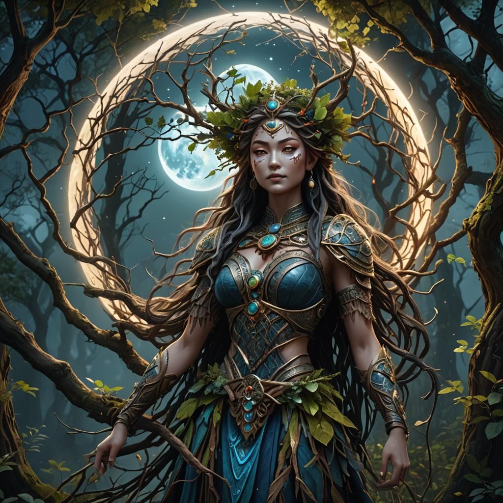 Tree and Twig Moon Goddess in Multidimensional Color