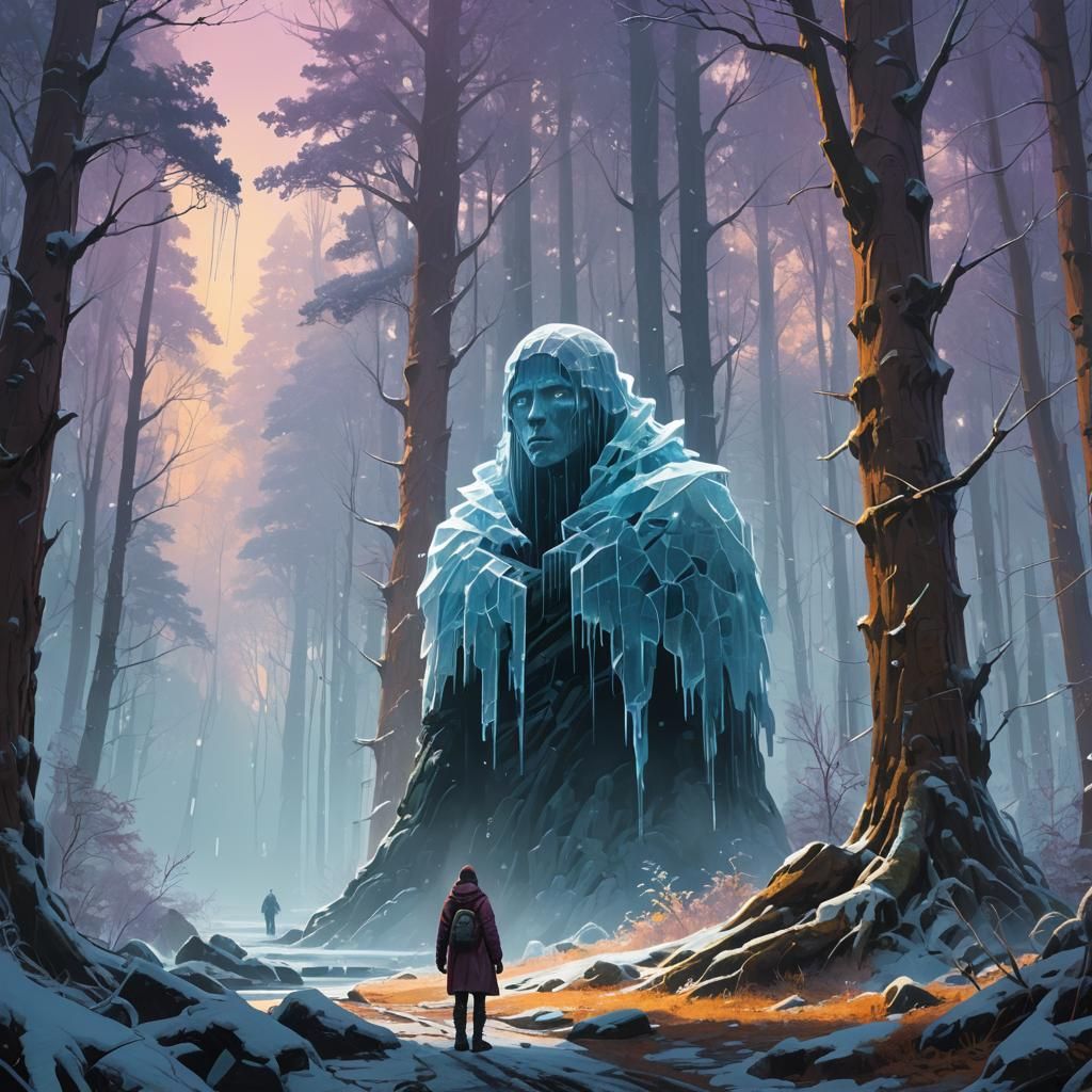 Ethereal Weeping Figure in Mystical Forest