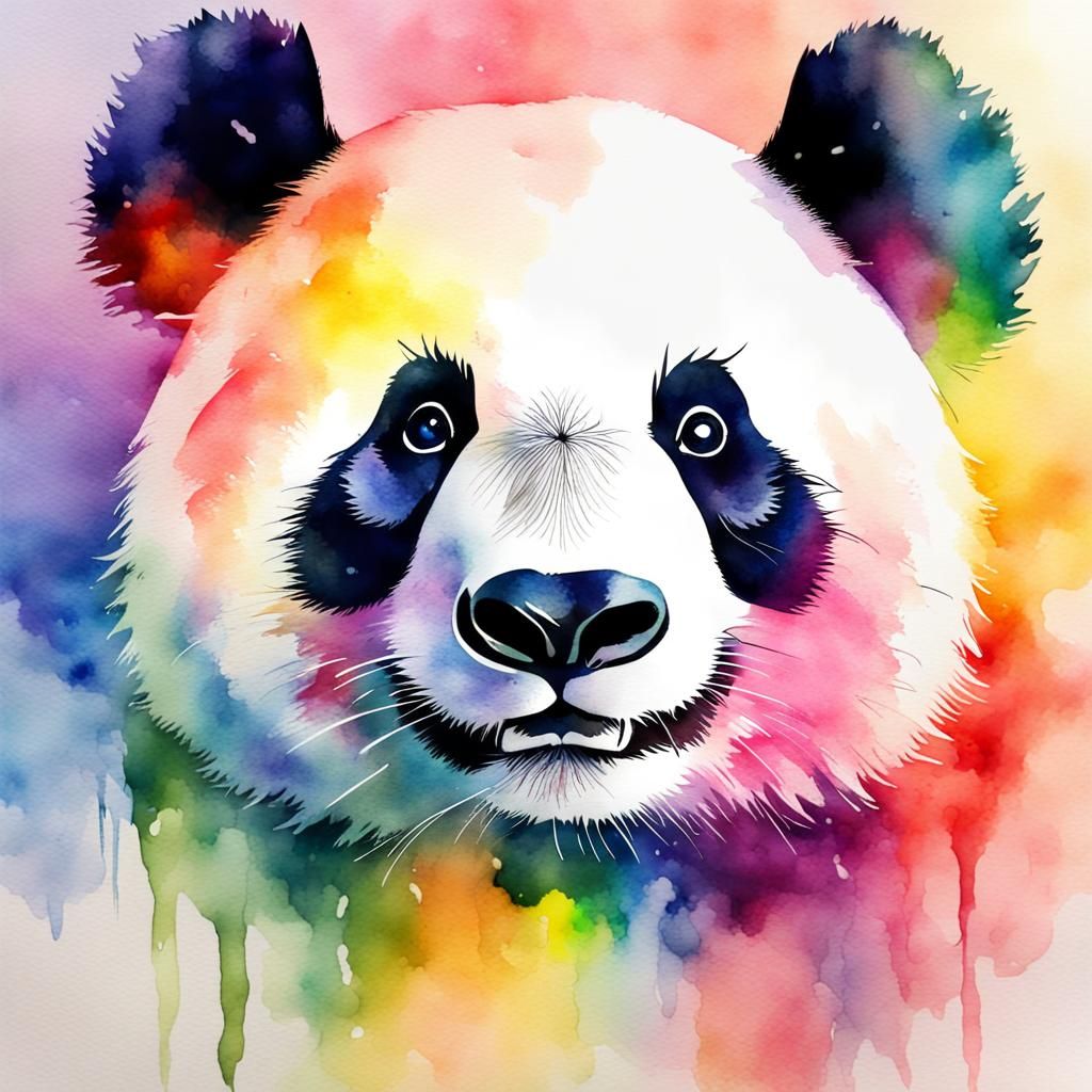 Rainbow Panda Portrait in Watercolor Style