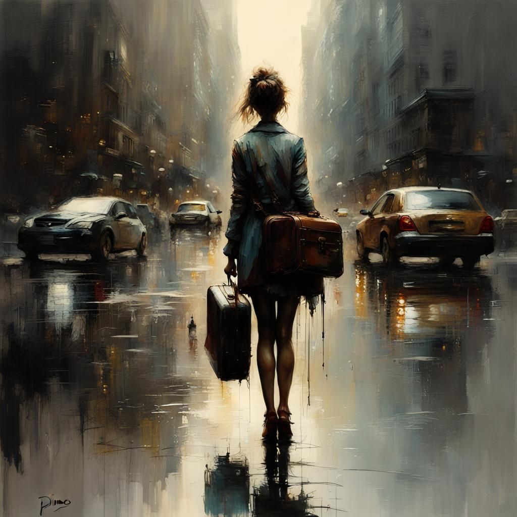 Lonely Girl in City with Suitcases: Matte Painting