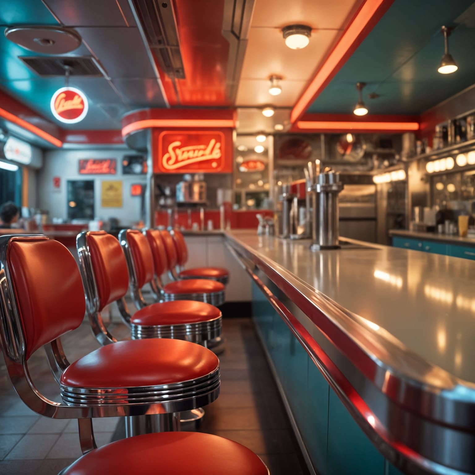 Retro Futuristic Diner Interior in Neon Chrome