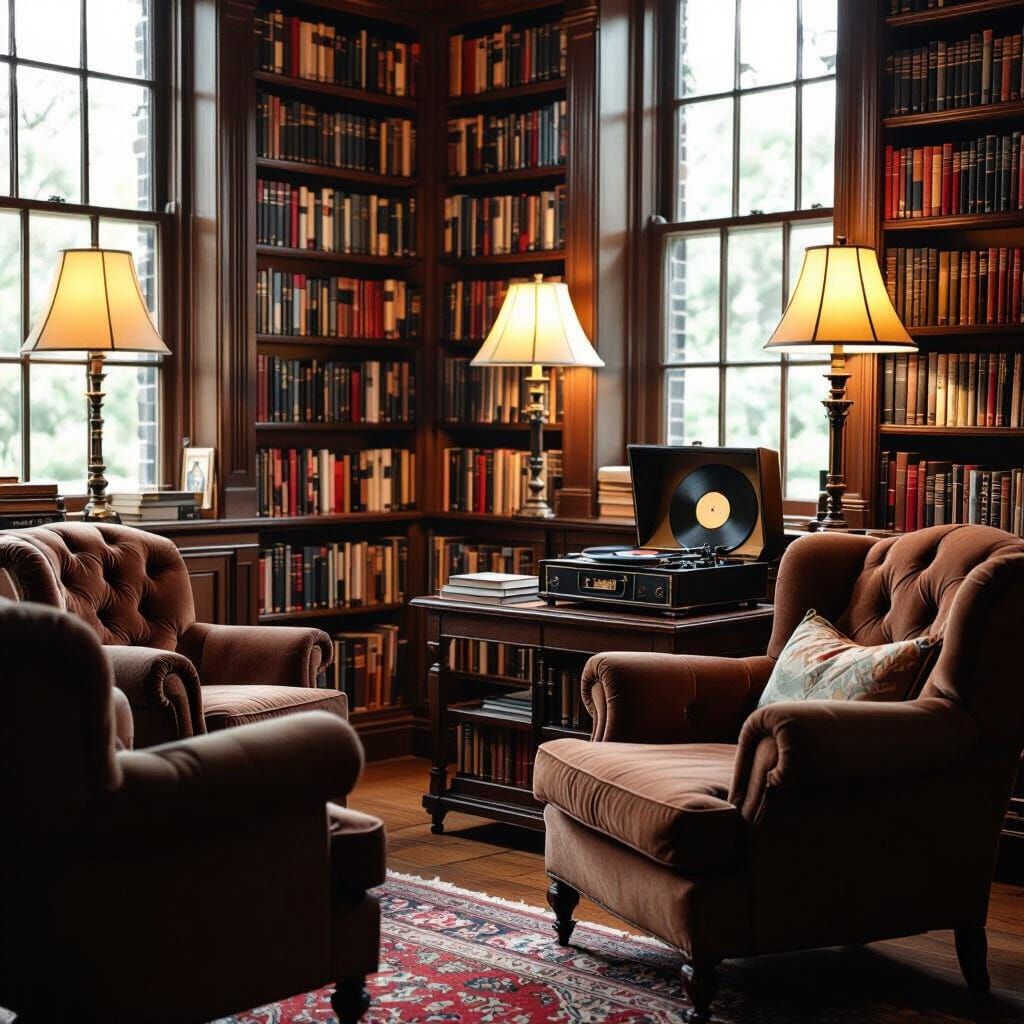 Cozy Library Interior in Cinematic Style
