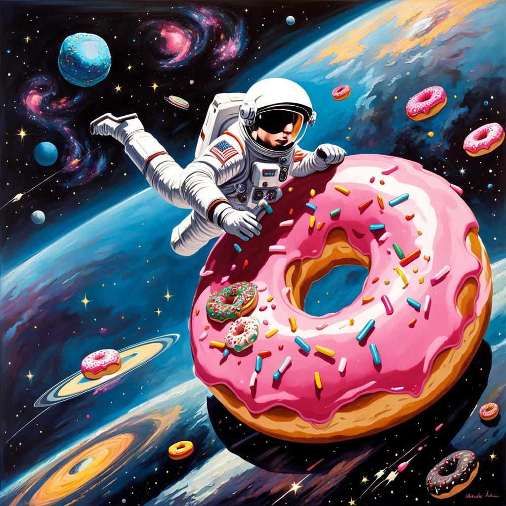 Astronaut on Donut in Space, Retrofuturistic Comic Art