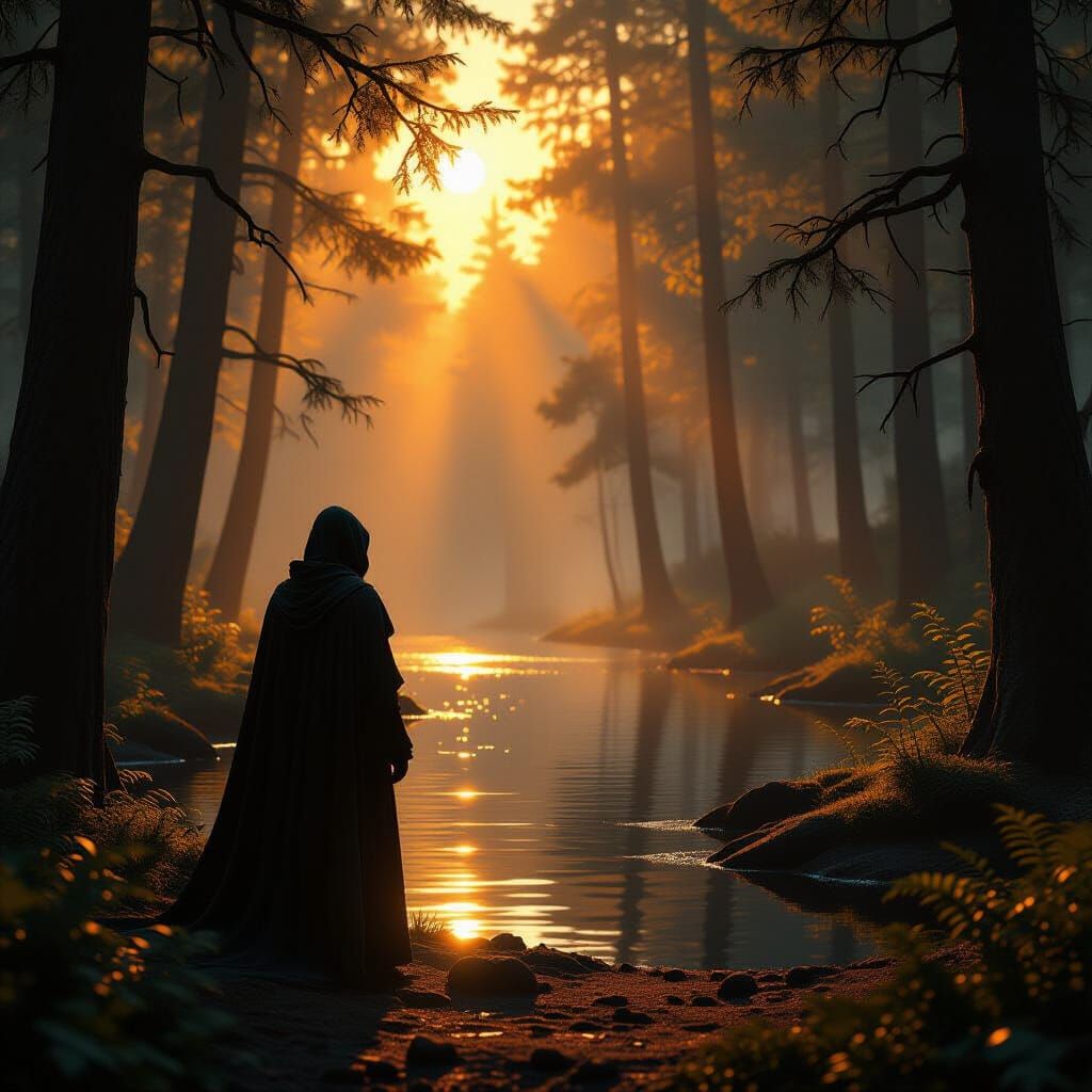 Mysterious Figure in Golden Lit Forest