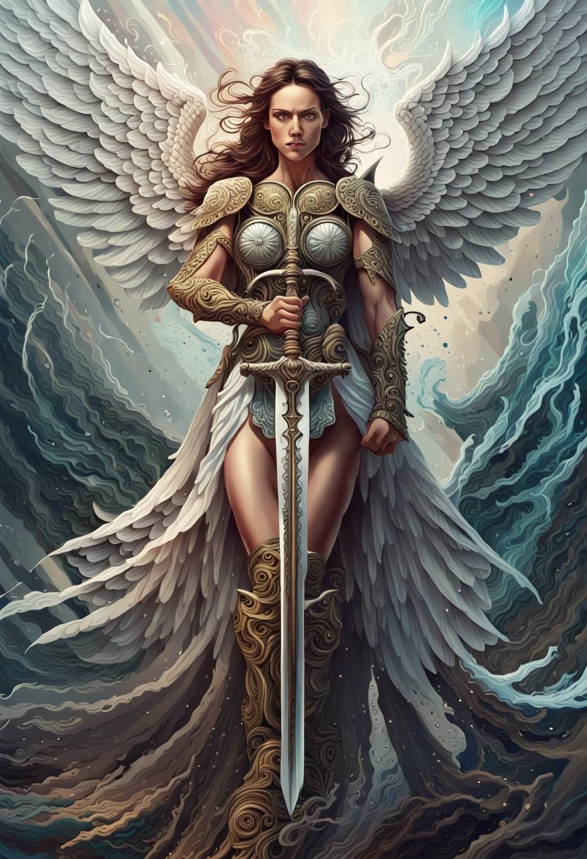 Hyperrealistic Warrior Angel with Sword