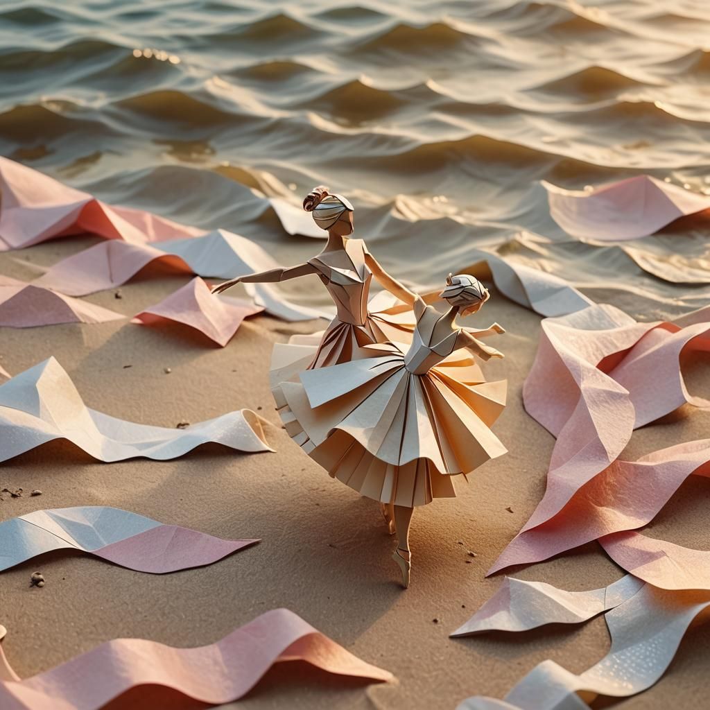 Delicate Origami Ballerina Dances at Sunset