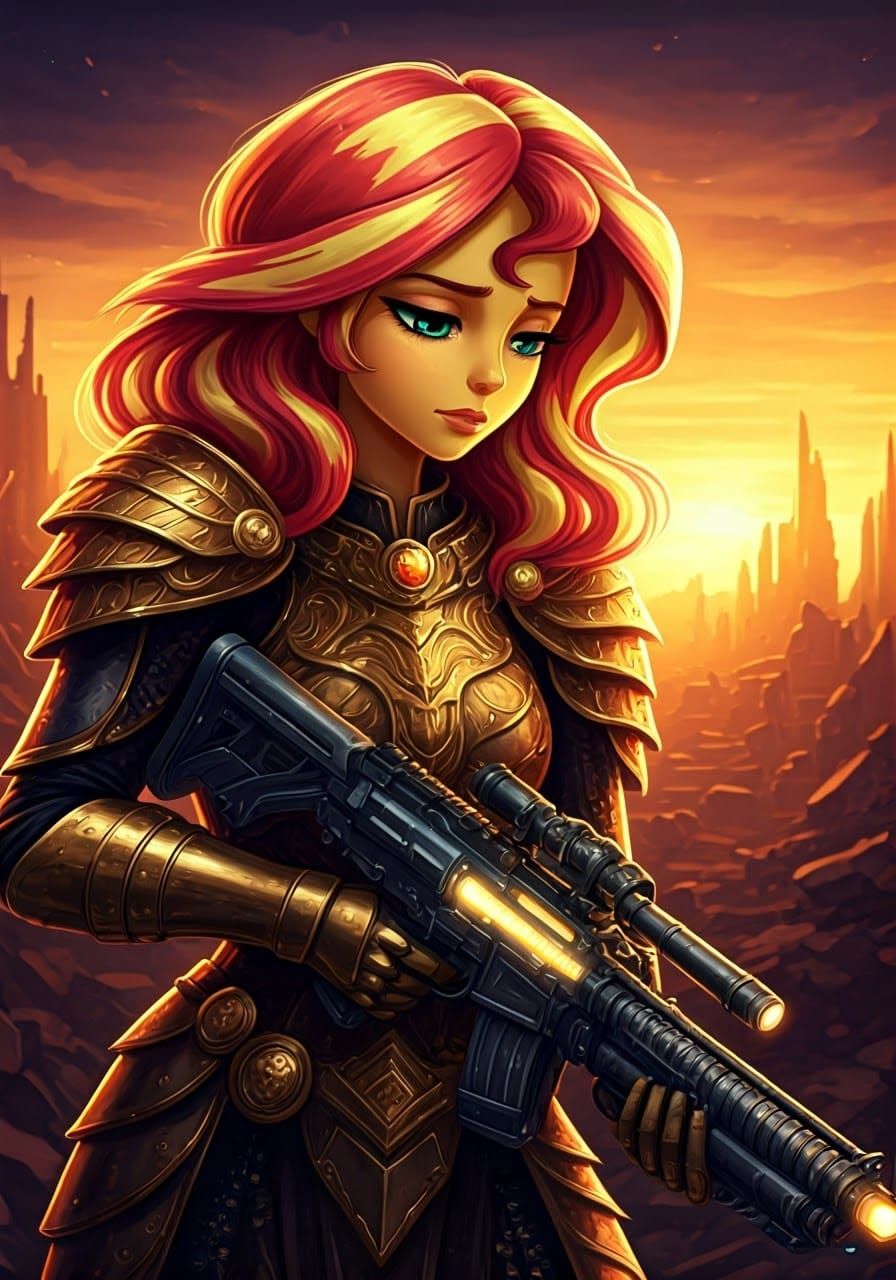 Sunset Shimmer in Ornate Armor with Futuristic Rifle