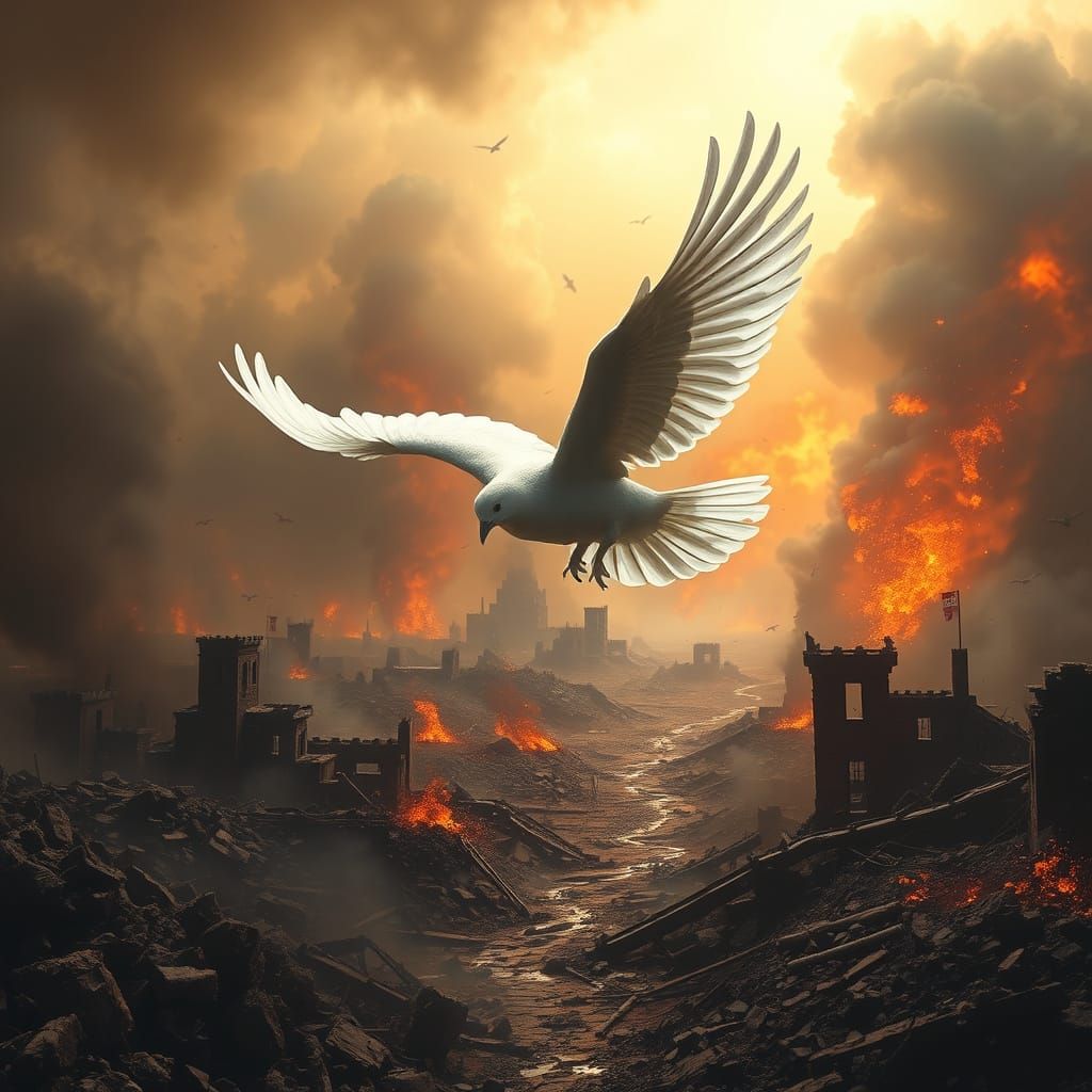 Ethereal White Dove Ascends Amidst War-Torn Ruins in Cyberpu...