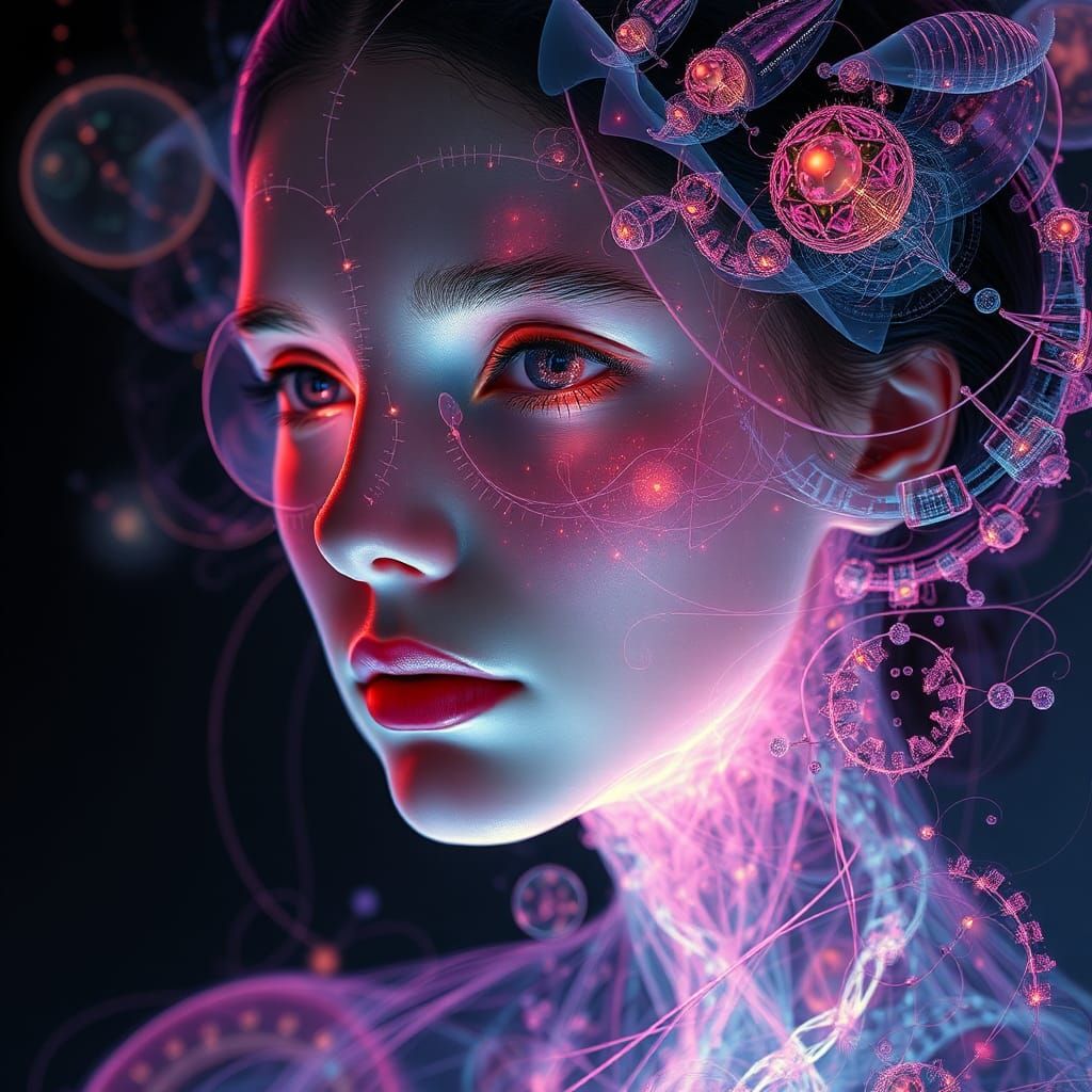 Surreal Scientist in Luminescent Fractal Biosuit