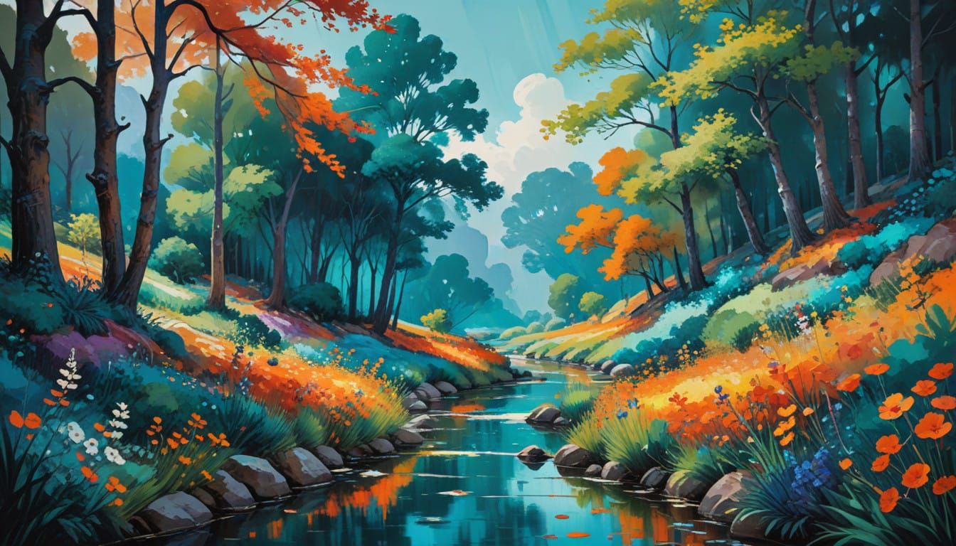 Whimsical Dreamlike Landscape in Gouache Style