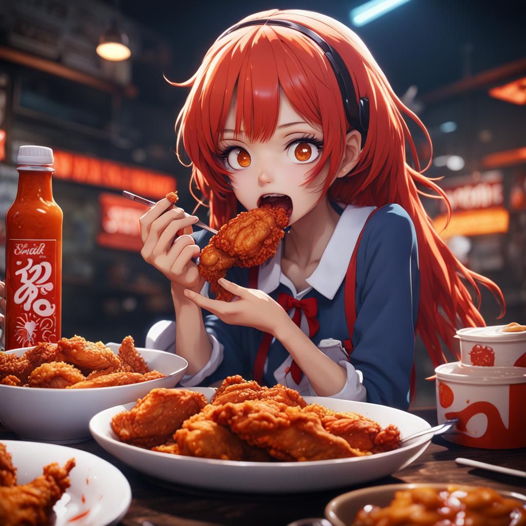 Anime Girl Eating Spicy Fried Chicken