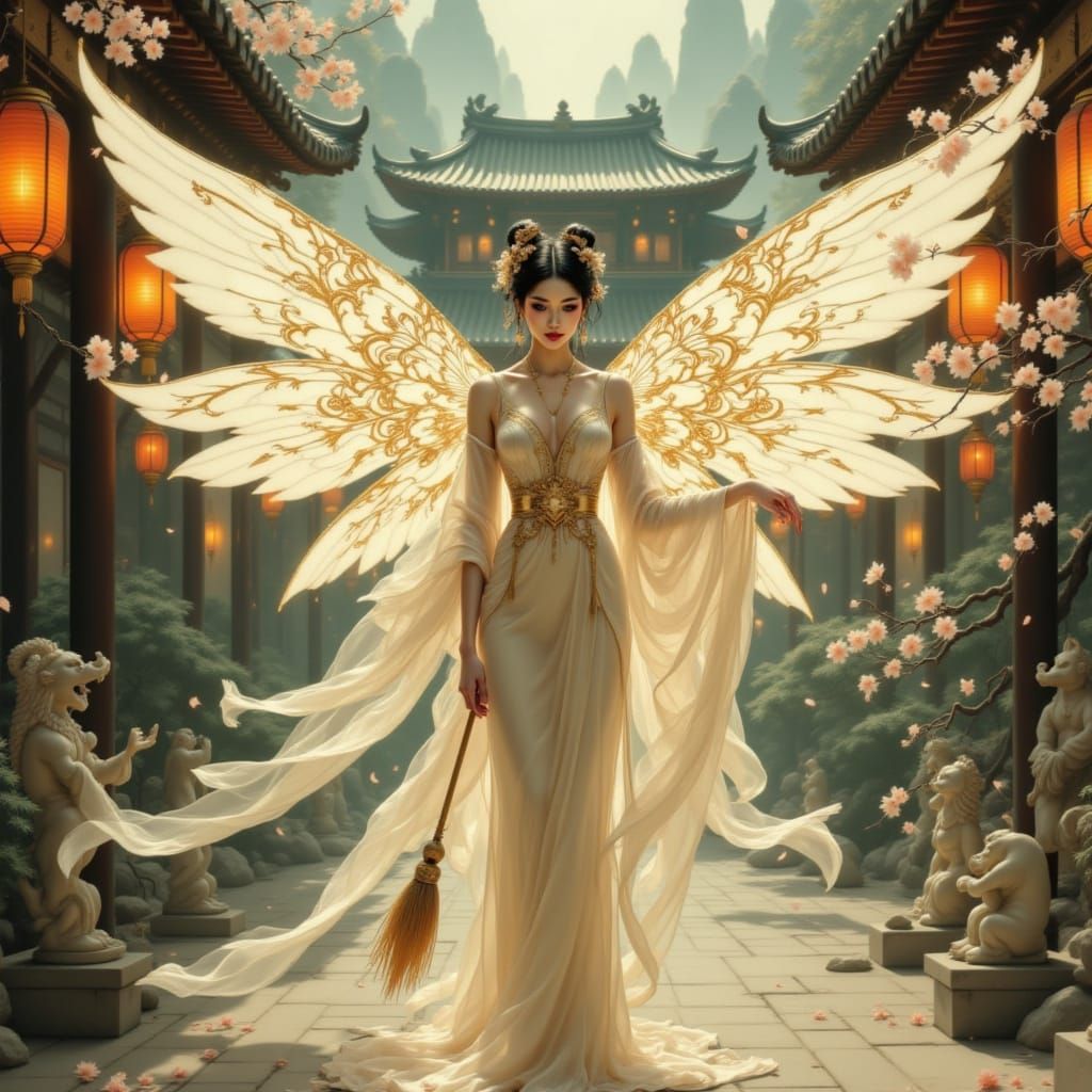 Celestial Temple Fairy in Traditional Hanfu, Golden Wings an...