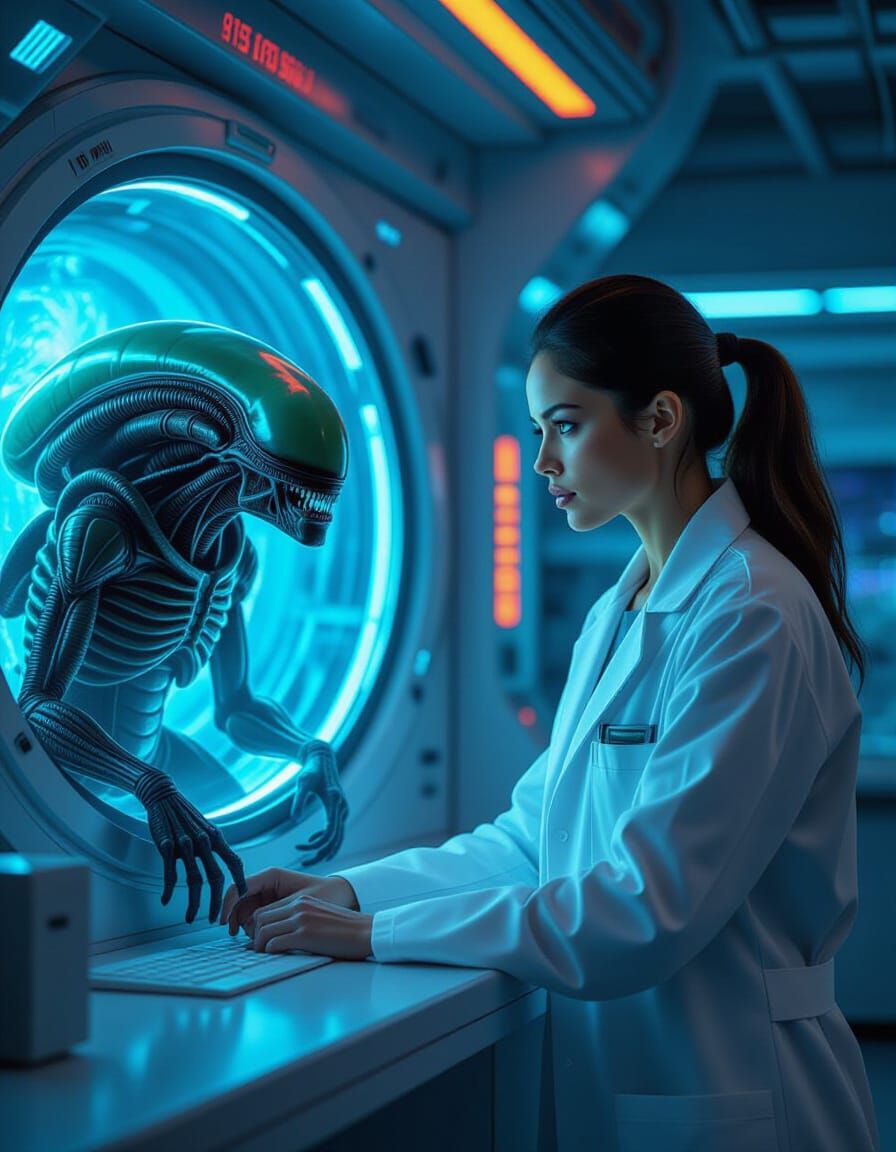 Scientist in Lab with Alien Creature, Sci-Fi Art