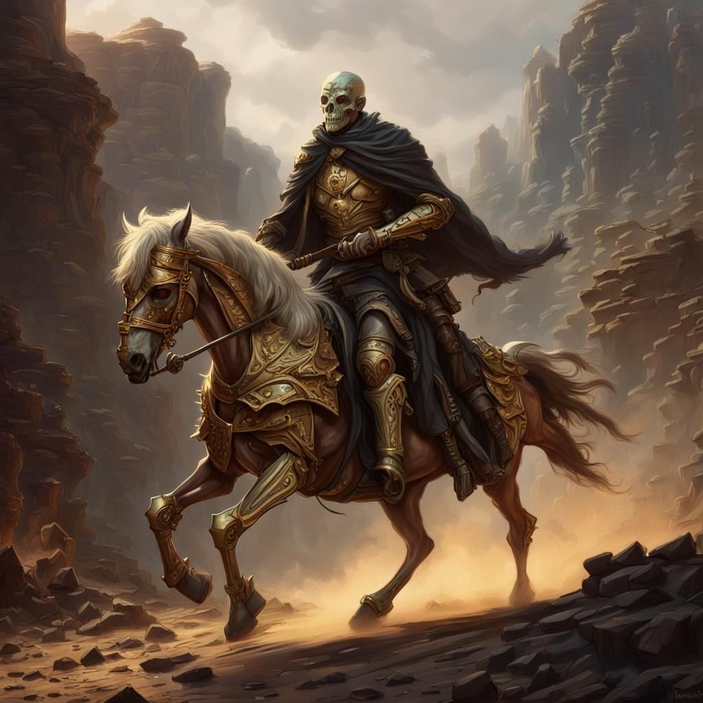 Death Knight Rides Through Canyon: Dark Fantasy Art