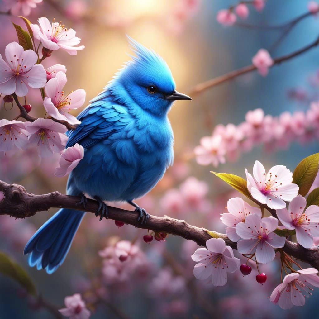 Cute Blue Bird on Cherry Blossom Branch