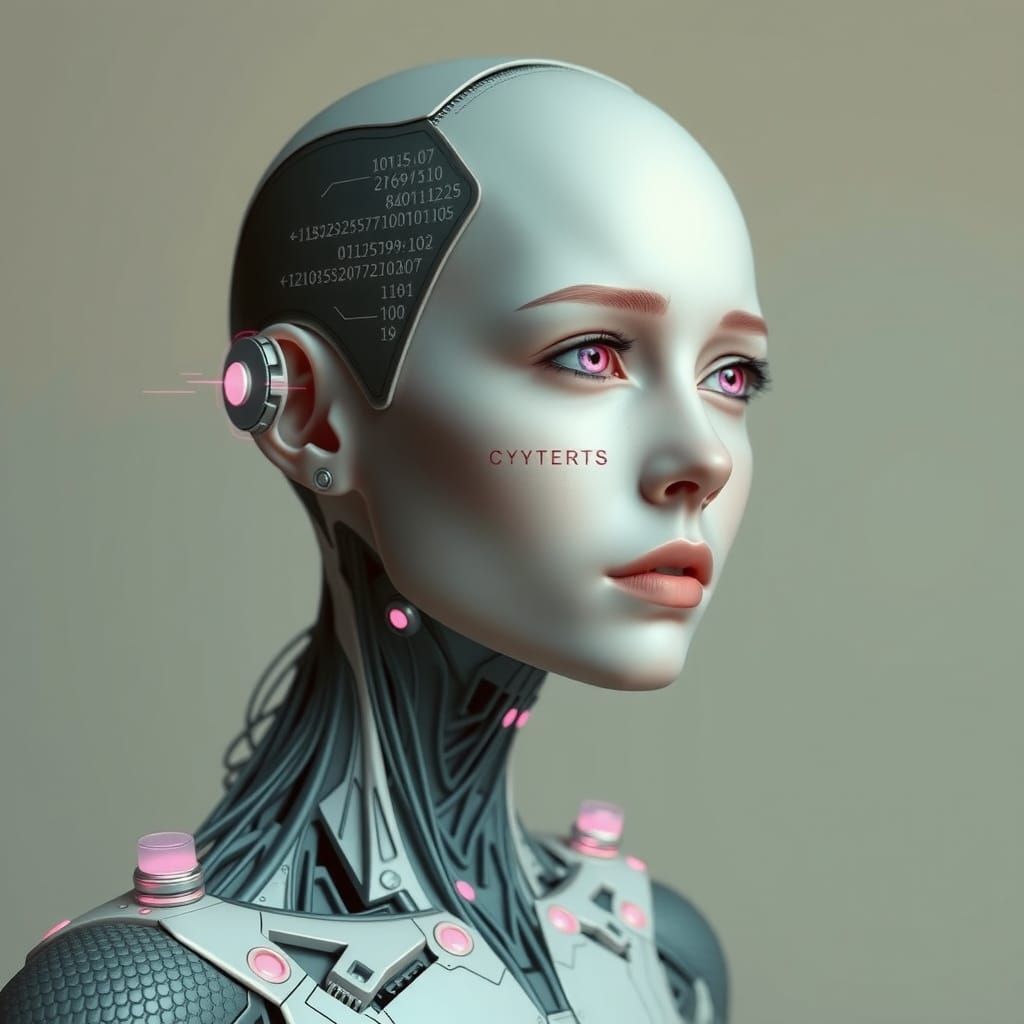 Cybernetic Woman with Pink Eyes in Cyberpunk Style