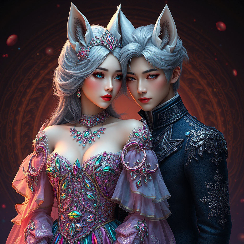 Rainbow Vampire Queen with Fox Ears in Fantasy Art