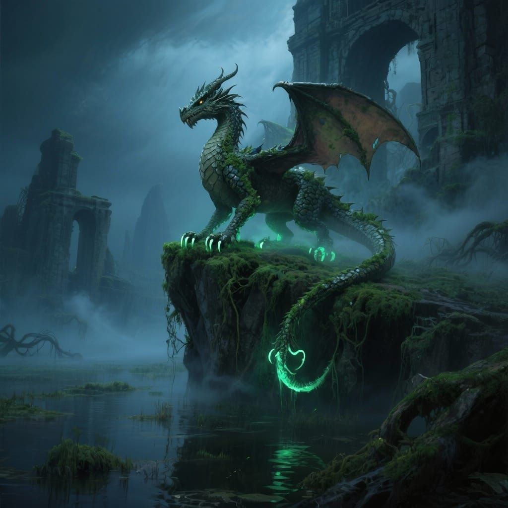 Dragon in Ancient Swamp Ruins by Ethereal Light