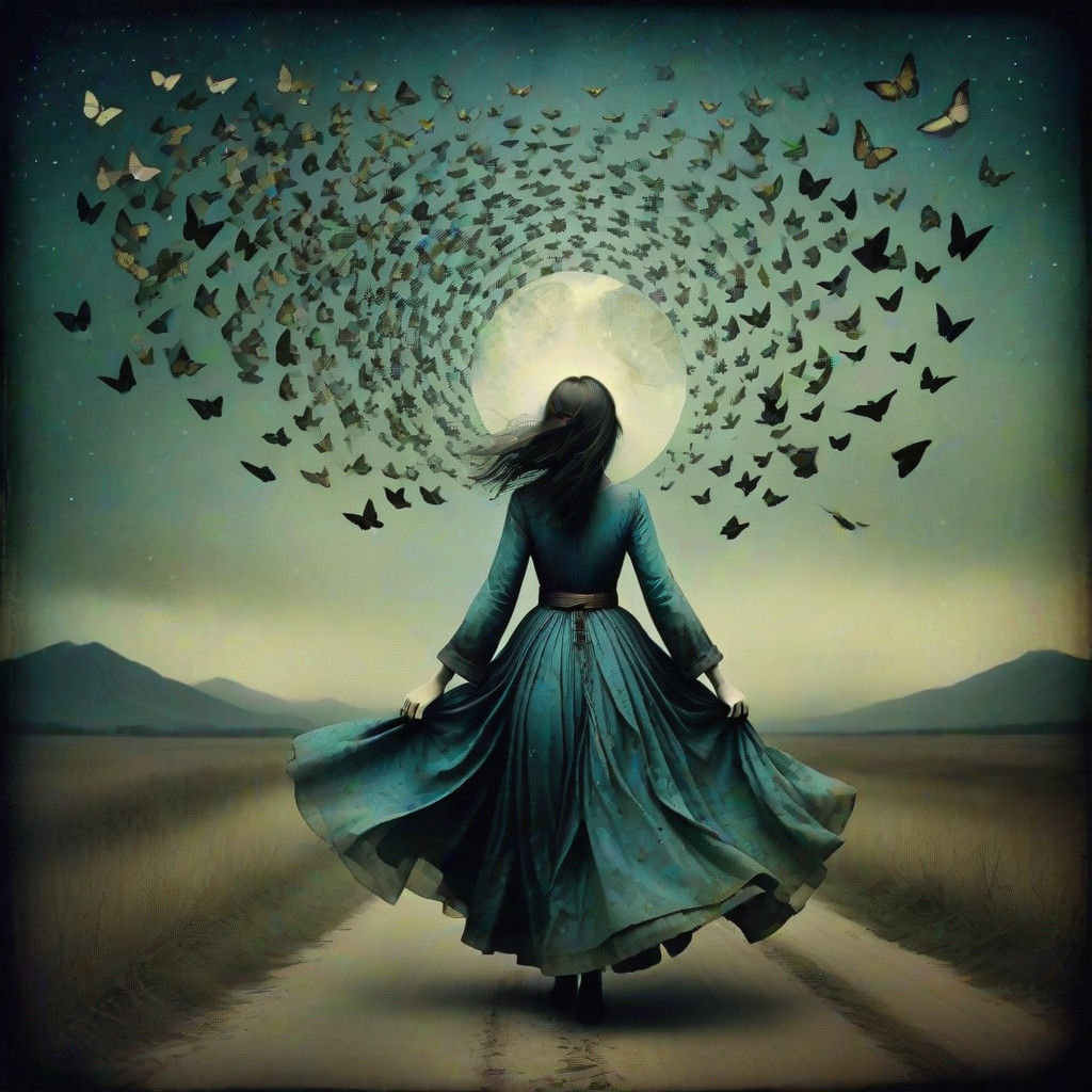 Ethereal Woman Fleeing Under Starlight