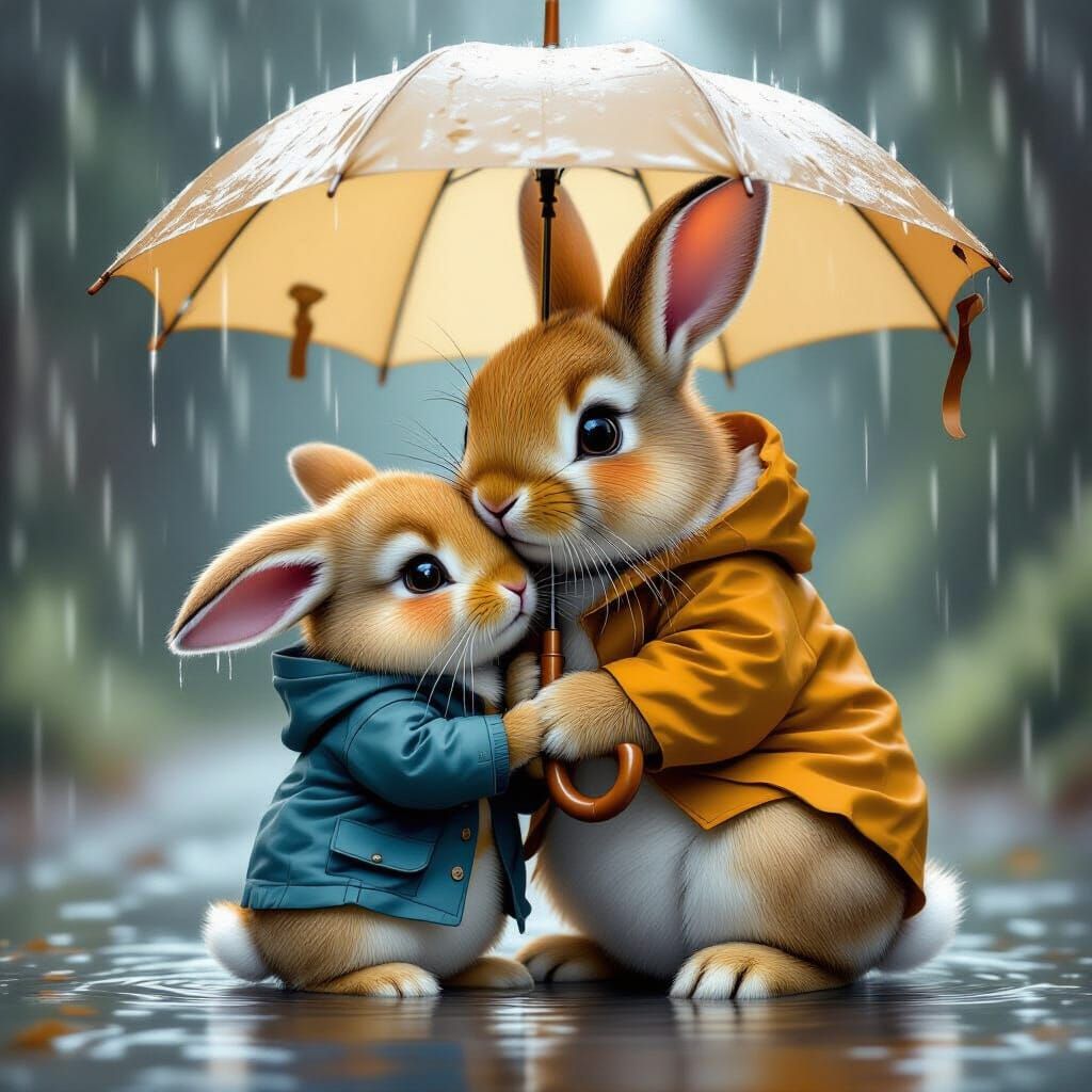 Fluffy Bunny Finds Comfort With Mother in Rain
