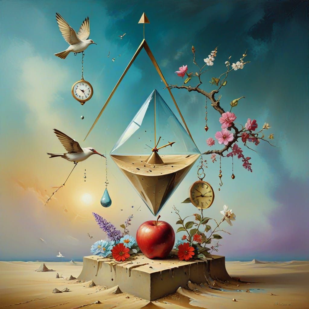 Surreal Landscape with Melting Clock and Hourglasses in Flor...
