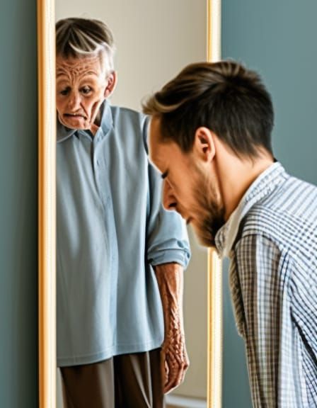 Old Person Seeing Youthful Reflection in Mirror