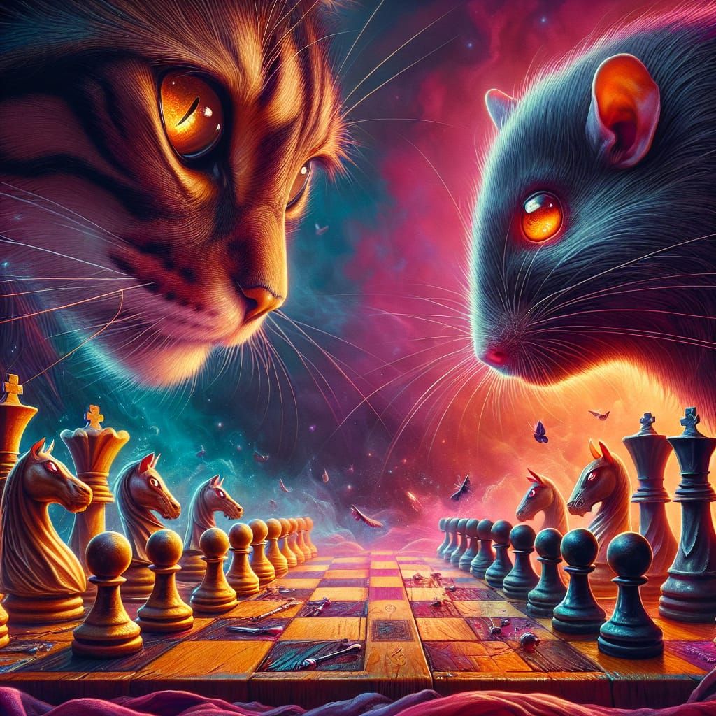High-Stakes Chess Game: Cat Versus Mouse in Detailed Paintin...