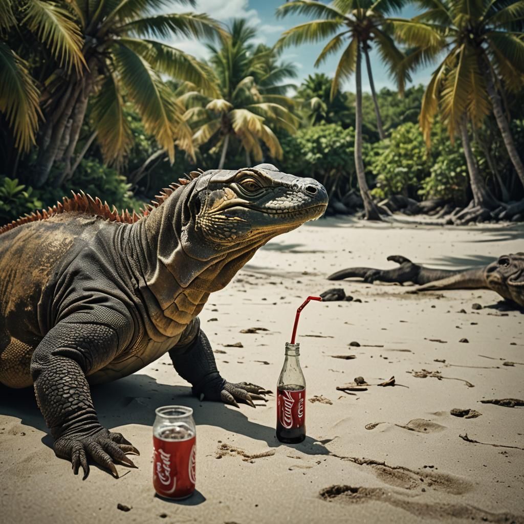 Komodo Dragon Sipping Coke on Tropical Beach