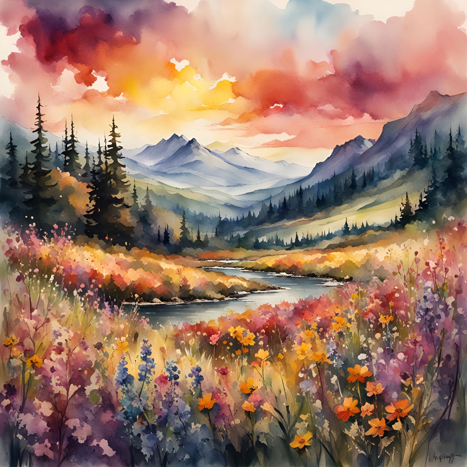 Watercolor Wildflower Field Landscape Illustration
