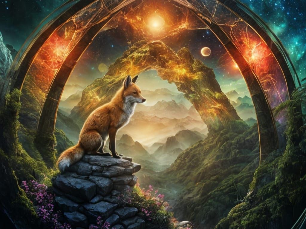 Fox and Portal to Cosmic Forest in Astral Illustration Style