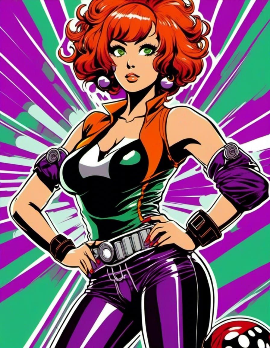 1970s Red haired Japanese Roller derby princess, green eyes, red, orange, purple and black, full body, in roller arena. ...