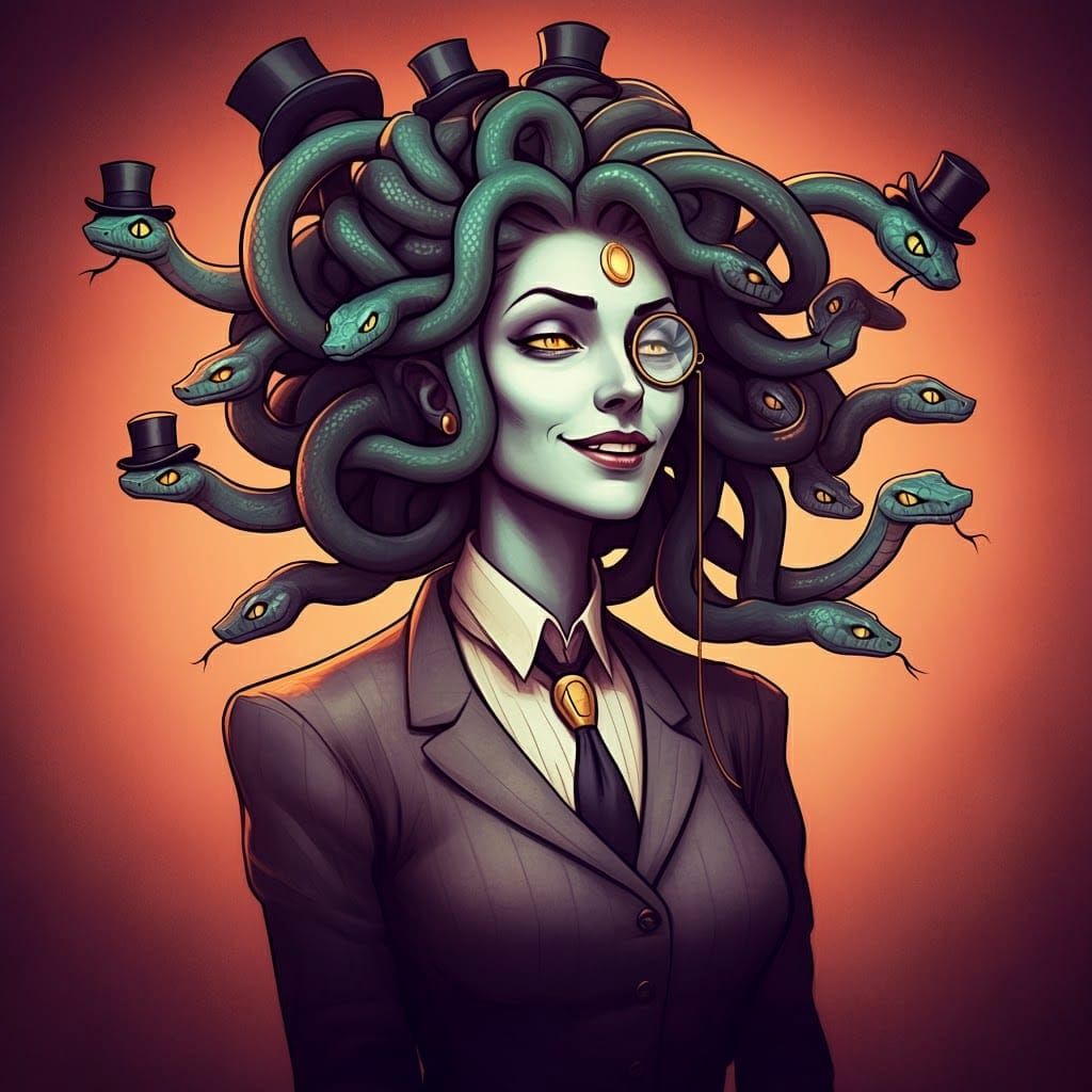 Humorous Medusa with Snakes in Top Hats