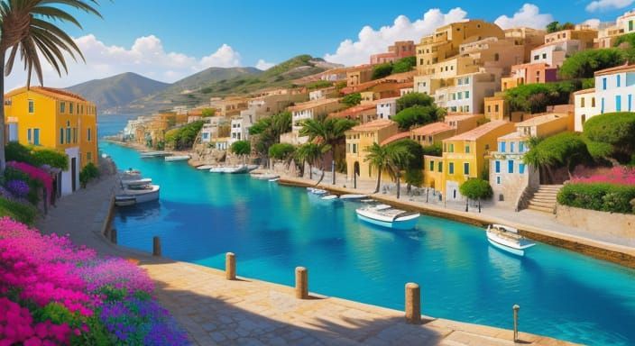 Sun-Drenched Mediterranean Island Village in Oil