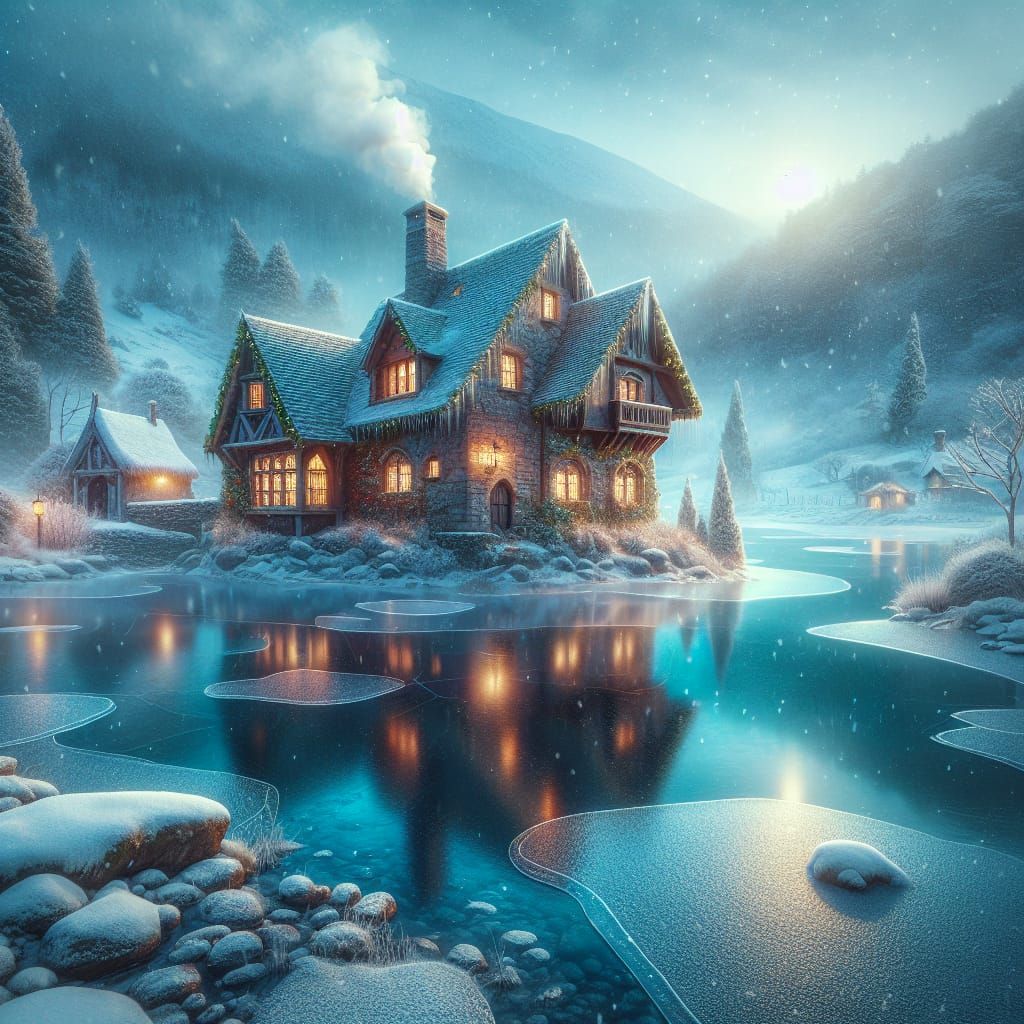 Winter Cobblestone House by Frozen Lake