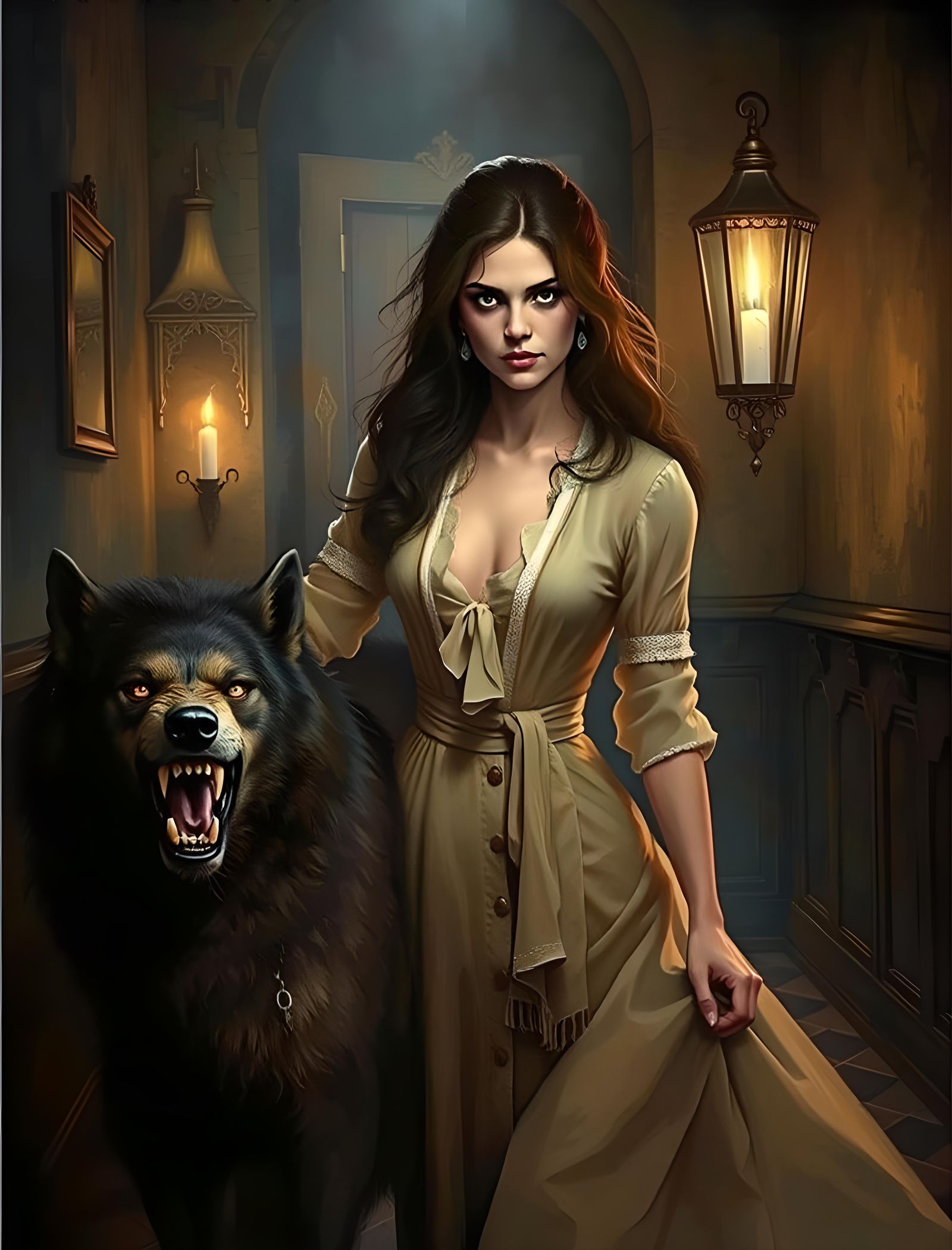 Angry Wife and Werewolf Meeting: Oil Painting