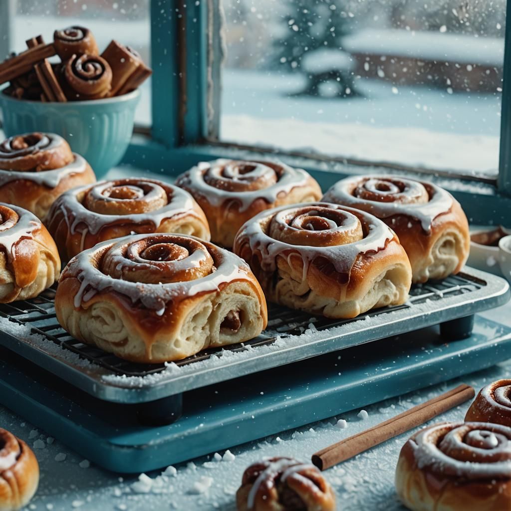 Cinematic Cinnamon Buns in Winter: A Still Life