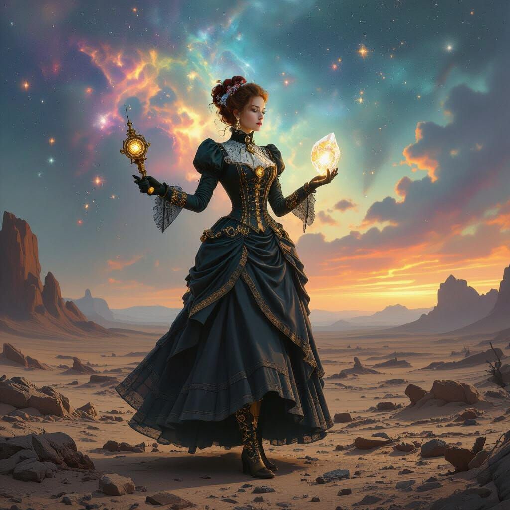 Victorian Explorer on Alien Planet in Dark Fantasy Style